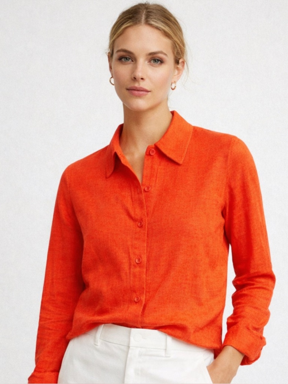 J. Crew Orange Linen Button-Front Shirt Long Sleeve with Collar